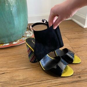 Black and Yellow Open-Toe Block Heel Sandals with Multicolor Striped Heel